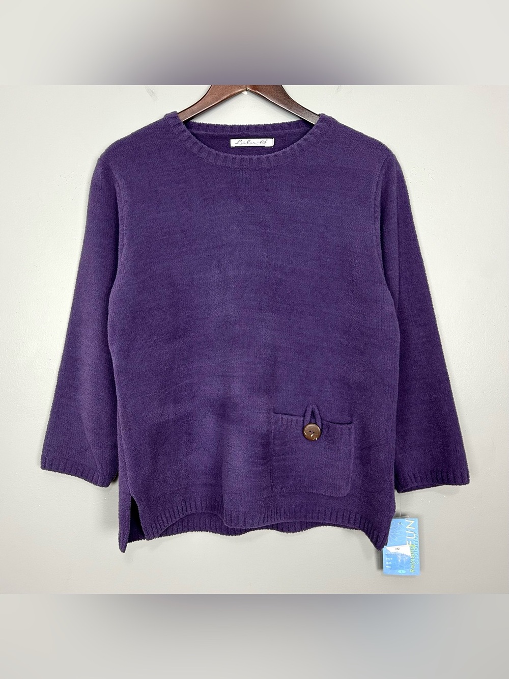 Lulu-B Terry Knit Sweater Women’s Size L Crew Neck Pullover Pocket Boho Purple